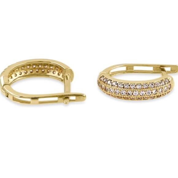 New Solid 14K Yellow Gold Triple CZ Row Hoop Earrings - Picture 4 of 6